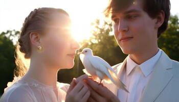 zonovergoten omhelzing van vriendschap en liefde, natuur schoonheid omringt hen gegenereerd door ai foto