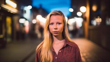 glimlachen jong vrouw in gewoontjes kleding onder straat licht Bij schemer gegenereerd door ai foto