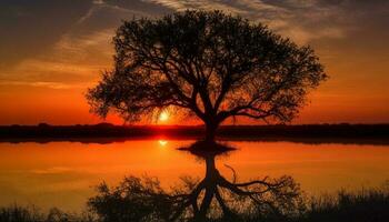 gouden acacia boom weerspiegelt levendig zonsondergang over- rustig Afrikaanse landschap gegenereerd door ai foto