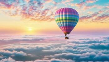 multi gekleurde heet lucht ballon stijgt hoog in Purper berg lucht gegenereerd door ai foto