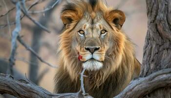 majestueus leeuwin staren met trots, tanden ontbloot in natuurlijk schoonheid gegenereerd door ai foto