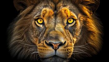 majestueus leeuw staren met alertheid, focus Aan voorgrond, portret gegenereerd door ai foto