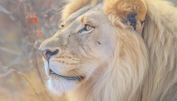 majestueus leeuw met gouden vacht, woest tanden, en krachtig sterkte gegenereerd door ai foto