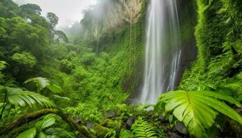 rustig tafereel van vloeiende water in tropisch regenwoud hoog omhoog gegenereerd door ai foto