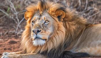 groot katachtig manen domineert buitenshuis, Afrika ongedomesticeerd kat in natuur gegenereerd door ai foto