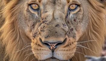 majestueus leeuw dichtbij omhoog portret, op zoek Bij camera met sterkte gegenereerd door ai foto