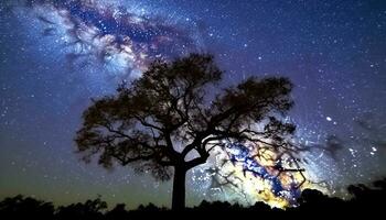 melkachtig manier verlicht sterrenhemel winter Woud, creëren levendig backdrop gegenereerd door ai foto
