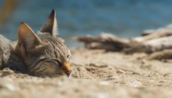 pluizig katje resting Aan zand, staren met blauw ogen gegenereerd door ai foto