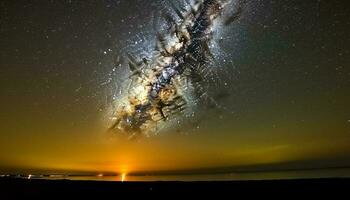 silhouet van Mens surfing golven onder sterrenhemel melkachtig manier nacht gegenereerd door ai foto
