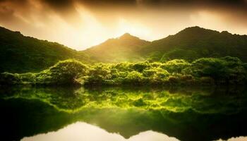 rustig zonsopkomst over- groen berg reeks weerspiegelt in vredig vijver gegenereerd door ai foto