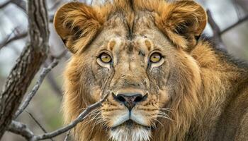 majestueus leeuwin staren, tanden bloot, in Afrika wildernis reserveren gegenereerd door ai foto