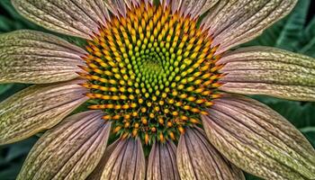 levendig gerbera madeliefje in dichtbij omhoog, presentatie van biologisch schoonheid buitenshuis gegenereerd door ai foto