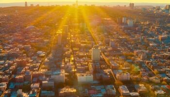 panoramisch stad horizon Bij schemering, verlichte door multi gekleurde lichten gegenereerd door ai foto