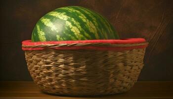 sappig watermeloen plak in rustiek rieten mand, perfect zomer tussendoortje gegenereerd door ai foto