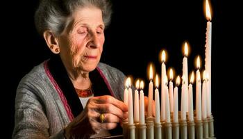 senior vrouw Holding verlichte kaars, bidden voor geluk en liefde gegenereerd door ai foto