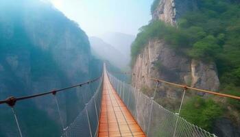 extreem sport- toerisme wandelen naar berg top gezichtspunt Aan suspensie brug gegenereerd door ai foto