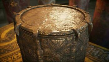 antiek percussie instrument Aan rustiek houten tafel, inheems cultuur decoratie gegenereerd door ai foto