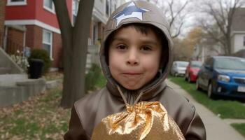 schattig Kaukasisch jongen lachend, Holding geschenk, genieten van herfst viering buitenshuis gegenereerd door ai foto