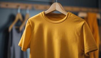 modieus kleding verzameling Aan kleerhangers in modern kleding op te slaan toonzaal gegenereerd door ai foto