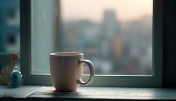 op zoek door modern venster, genieten van heet latte Aan houten bureau gegenereerd door ai foto
