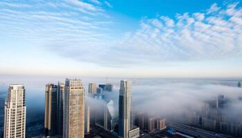 modern wolkenkrabbers reflecteren Aan blauw water in financieel wijk zonsondergang gegenereerd door ai foto