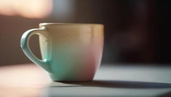 heet koffie in blauw mok Aan houten tafel door venster gegenereerd door ai foto