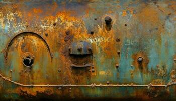 roestig oud staal deur Aan verlaten nautische vaartuig buitenshuis gegenereerd door ai foto