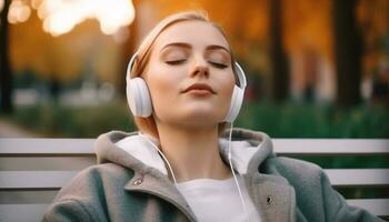 een vrouw lachend, luisteren naar muziek- buitenshuis met hoofdtelefoons gegenereerd door ai foto