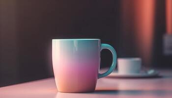 heet koffie in blauw mok Aan houten tafel met reflectie gegenereerd door ai foto