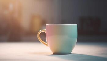 koffie kop Aan houten bureau, stoom- stijgende lijn, Nee mensen gegenereerd door ai foto