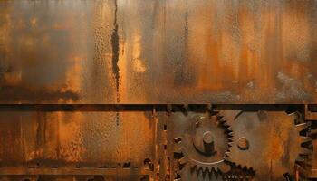 roestig machinerie in oud fabriek creëert abstract metalen backdrop gegenereerd door ai foto