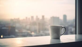 heet koffie in een mok Aan houten bureau, stadsgezicht achtergrond gegenereerd door ai foto