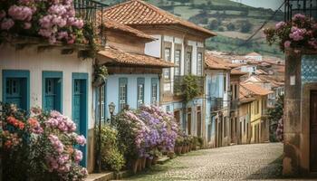 romantisch lila bloesems sieren historisch Europese architectuur in Asturië voorstad gegenereerd door ai foto