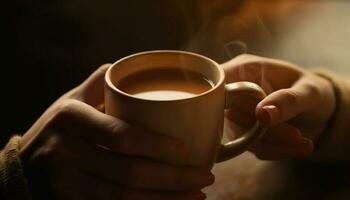 hand- Holding heet koffie beker, genieten van ontspanning in koffie winkel gegenereerd door ai foto