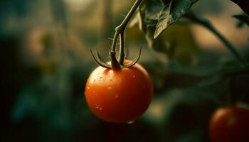 rijp tomaat Aan tak, een macro van natuur versheid gegenereerd door ai foto