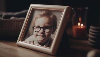 een schattig kleuter zittend Bij een tafel, lezing een boek gegenereerd door ai foto