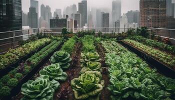 vers groente salade in modern kas met stad horizon achtergrond gegenereerd door ai foto