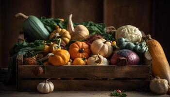 rustiek herfst nog steeds leven pompoen, kalebas, en squash arrangement gegenereerd door ai foto