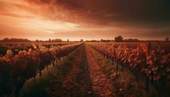 rijp druiven gloed in verlicht zonsondergang, een wijnmakerij herfst schoonheid gegenereerd door ai foto