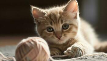 een speels, klein, pluizig katje met gestreept vacht zit comfortabel gegenereerd door ai foto