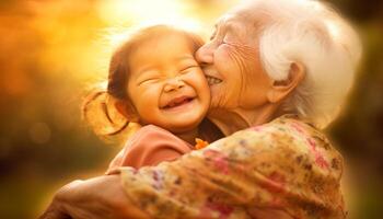 een multi generatie familie omarmt de schoonheid van natuur samen buitenshuis gegenereerd door ai foto