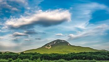 majestueus berg reeks pronkt panoramisch keer bekeken van rustig landschappen gegenereerd door ai foto