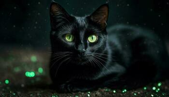schattig katje staren Bij camera, pluizig vacht in zwart achtergrond gegenereerd door ai foto