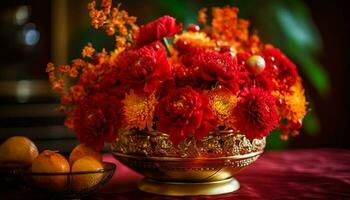 een rustiek bloem arrangement in een multi gekleurde fruit kom gegenereerd door ai foto