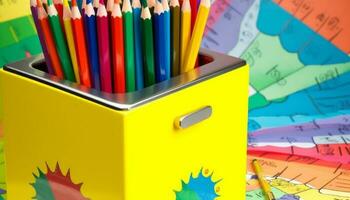 terug naar school- een kleurrijk emmer van scherp potloden gegenereerd door ai foto