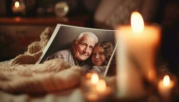 gepensioneerd paar omarmt liefde, warmte, en herinneringen door de brand gegenereerd door ai foto