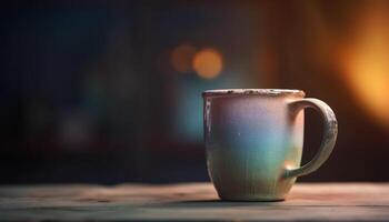 een rustiek koffie mok Aan een houten tafel stoomt geruststellend gegenereerd door ai foto