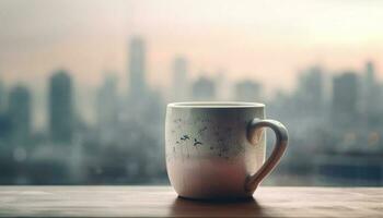 een heet cappuccino Aan een houten bureau met uitzicht de stadsgezicht gegenereerd door ai foto