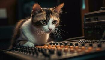 schattig katje spelen Aan computer bureau, bakkebaarden gefocust Aan toetsenbord gegenereerd door ai foto