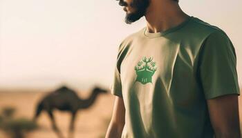 een glimlachen Mens wandelen met een kameel Bij zonsopkomst in Arabië generatief ai foto